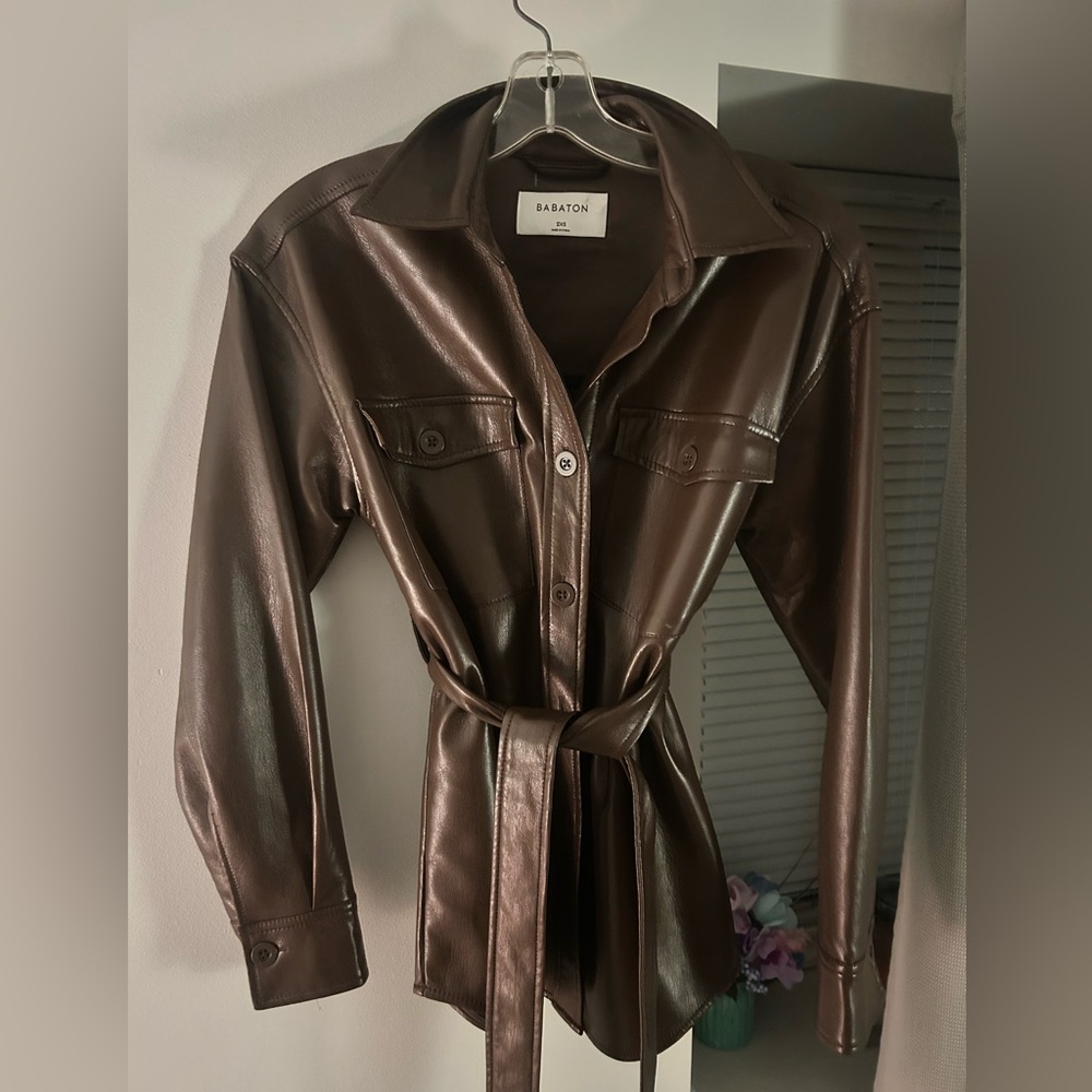 Babaton Chocolate Leather Belted Jacket